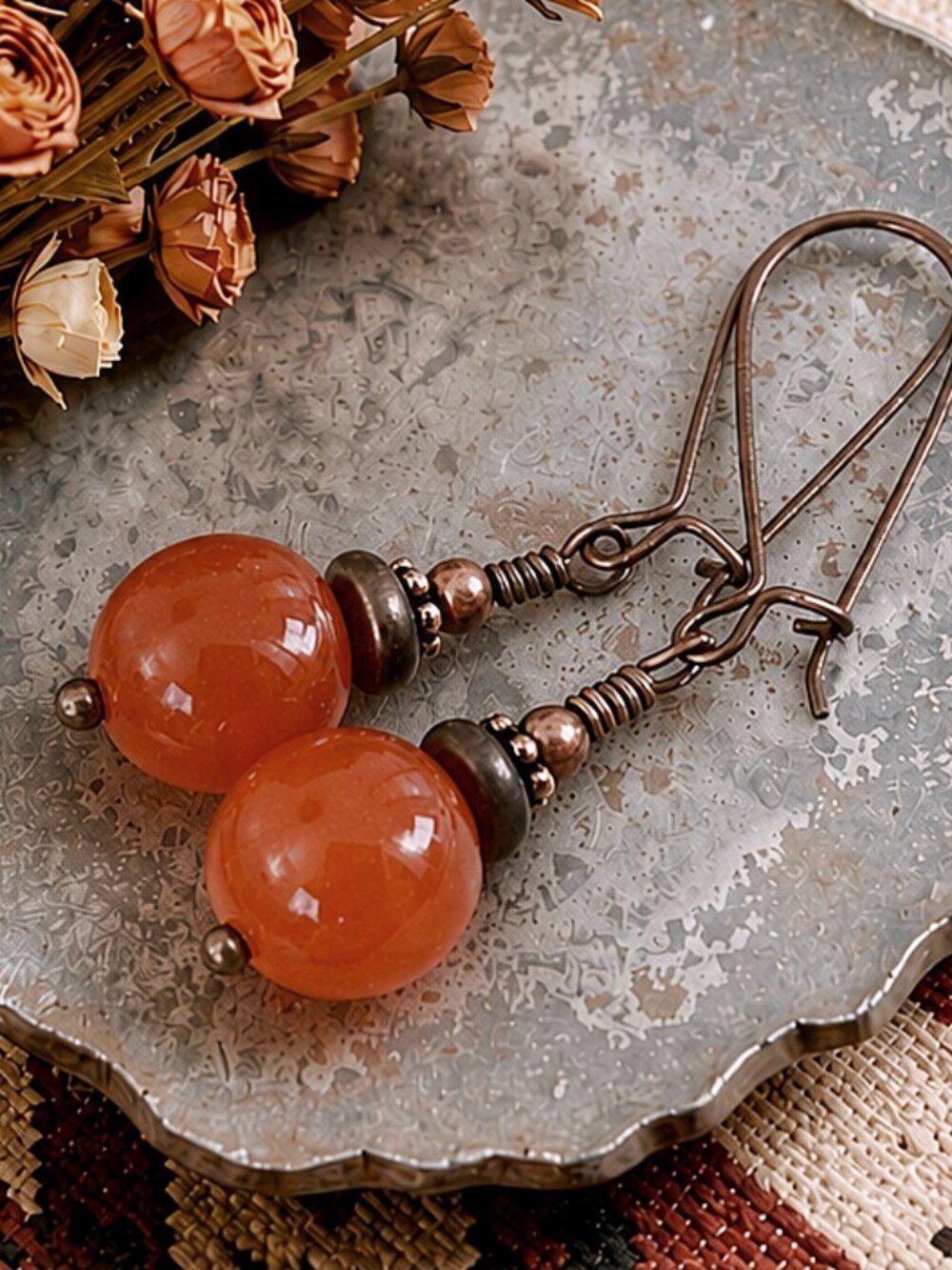 Carnelian Earrings Antiqued Copper Hooks Gemstone Jewelry